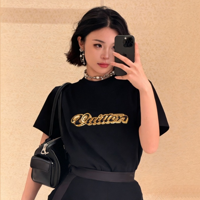 lv louis vuitton sequin signature crew neck short sleeve t-shirt